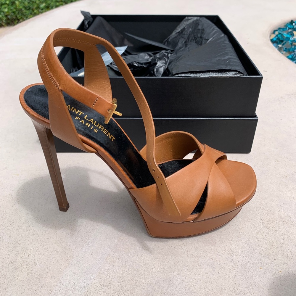 Brand New Saint Laurent Leather Debbie Platform Heels - Caramel Brown 9.5/39 1/2